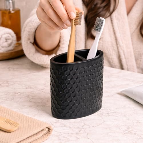 Image of MARKET 99 Black Diamond Cut Toothbrush Holder | Matte Black Polyresin Bathroom Organizer | Oval Toothbrush Stand for Bathroom Vanity, Wash Basin & Dental Accessories