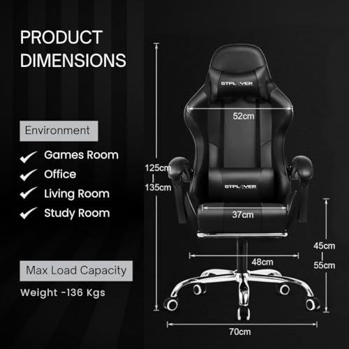 Image of GTPLAYER #1USA Multi-Functional Ergonomic Gaming & Computer Chair - Premium PU Leather, Adjustable Neck & Lumbar Pillow for Back Support (Black)