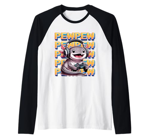 Cute Gaming Axolotl Pew Video Game Gráfico Hombres Niños Mujeres Camiseta Manga Raglan