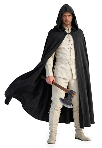 UQJE Renaissance Cloak with Hood Linen Medieval Hooded Cape for Renaissance Costume-Black