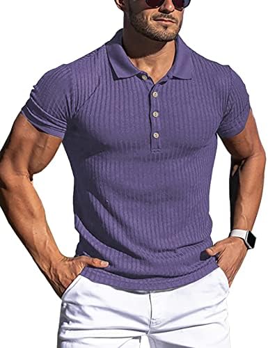 URRU Men's Muscle T Shirts Stretch Classic Ribbed Short Sleeve Casual Slim Fit Polo Golf Shirt Purple XXXL