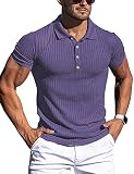 URRU Men's Muscle T Shirts Stretch Classic Ribbed Short Sleeve Casual Slim Fit Polo Golf Shirt Purpl