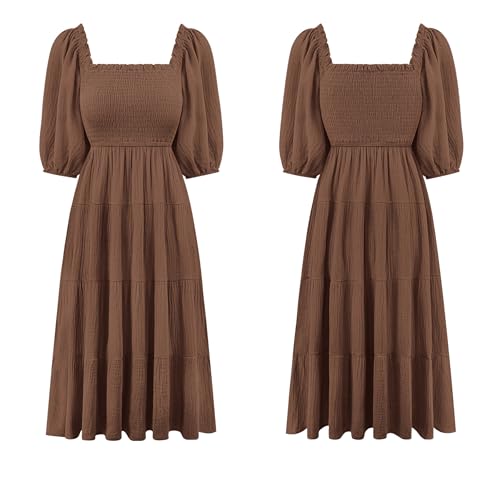 Image of R.Vivimos Women's Summer Cotton Lantern Sleeves Ruffled Off Shoulder A-Line Midi Dresses