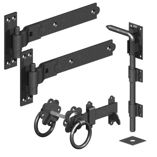 Driveway Gate Pack - Cranked Hook and Band Gate Hinges - Gate Bolts - Epoxy Black - 18" - 1pr