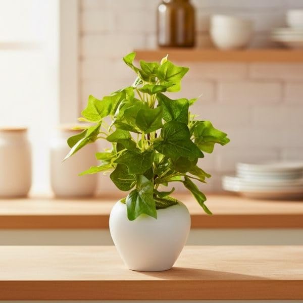 Image of fancymart Artificial Plant Leaves in Apple Pot (30 cm Height) | Small Potted Plant for Office Desk | Home Decor for Living Room | Cafe & Restaurant Table Decoration