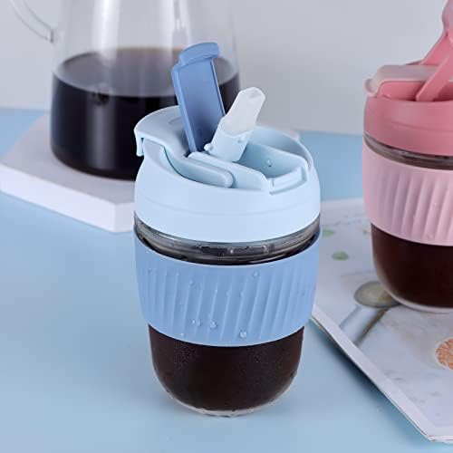 Sivaphe Glass Cup Reusable Travel Mug with Silicone Sleeve and Straw Lid for Tea, Coffee Home Office 350ML/12OZ Blue