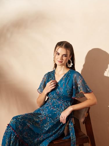 Image of Miss Chase Women's Floral V-Neck Flutter Sleeve Wrap Chiffon Maxi Dress
