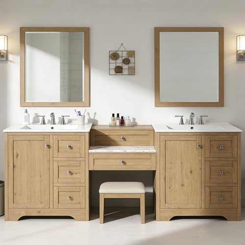 84 Inch Oak Bathroom Vanity with Double Sink & Middle Makeup Countertop(Engineered Stone),Large Bathroom Vanity with 2 Doors,6 Drawers,4 Cabinets with Shelves,Built-In Power Outlets,Curved Base Trim
