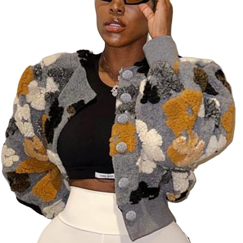 OPCAKM Women's Cropped Floral Print Shacket Jackets Round Neck Long Sleeve Bomber Coat Outerwears2