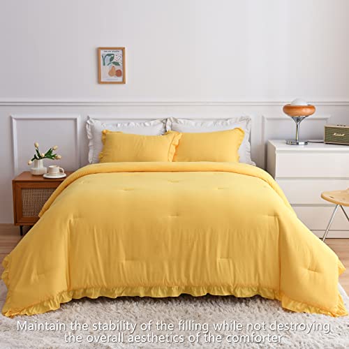 Aikasy Yellow Ruffle Comforter Queen, 3 Pieces Vintage Ruffle Fringe Comforter, Farmhouse Rustic Microfiber Down Alternative Bedding Comforter Set (1 Comforter + 2 Pillow Shams) #TOP2