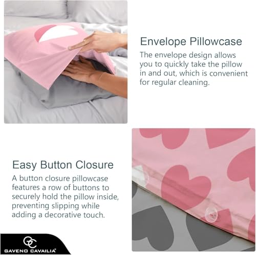 GC GAVENO CAVAILIA Reversible Double Duvet Set, Pink Duvet Cover (200x200 cm), Love Heart Bedding & linen, Breathable Bed Cover Set, Washable