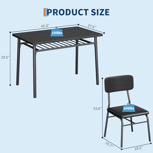GarveeHome Dining Table Set for 4 with Storage Rack, 5-Piece Kitchen Table and Upholstered Chairs of 4, Wood Tabletop & Heavy-Duty Metel Frame, Dining Room Set for Small Space, Apartment, Black