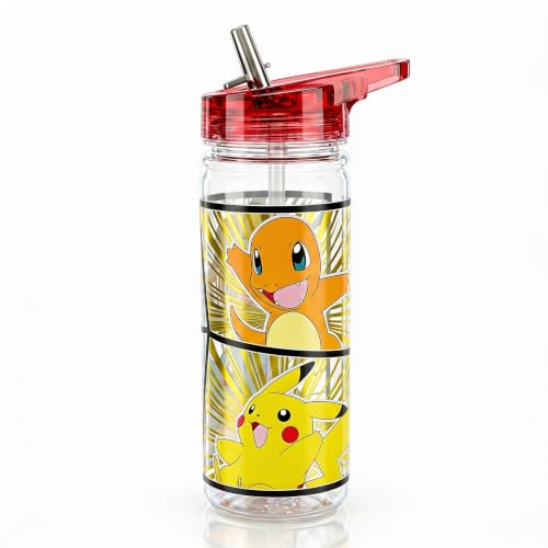 Pokemon Kids Water Bottle 580ml Leakproof Flip Lid with Straw Featuring Pikachu Charmander Bulbasaur & Squirtle BPA-Free Reusable Drink Bottle for School & Travel