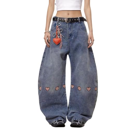 Y2k Vintage Kawaii Plaid Heart Embroidery Wide Leg Jeans Hiphop Streetwear Preppy Cutecore Loose Fit Casual Denim Pants