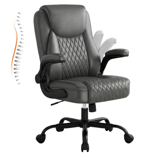 Image of GTPLAYER Leather Office Chair, Home Desk Chair with Flip-up Arms and Ergonomic Back - Comfy Heavy Duty Executive Chair for Home Office Gaming, Gray