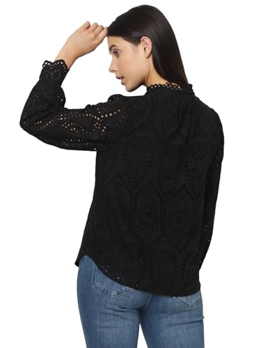 Image of VERO Moda Women's Cotton Mandarin Collar Solid Regular Fit Shirt | Schiffli Design Shirt for Women