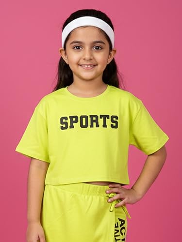 Image of KiddoPanti Girls 100% Cotton Solid Drop Shoulder Half Sleeve Round Neck Crop Tee