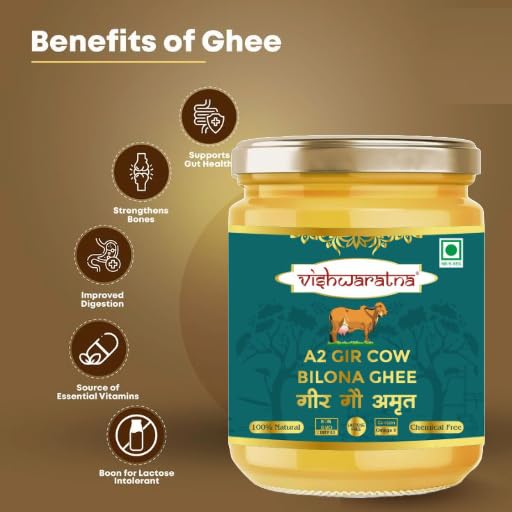 Image of Vishwaratna Premium A2 Gir Cow Cultured Desi Ghee from Braj Farm 250 ml| Vedic Bilona Two Way Churned | Indian Gir Cow Ghee, Pure A2 Ghee, Natural & Healthy, Non-GMO | Lab Certified-Pack of 1