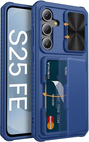 Vihibii for Samsung Galaxy S25 FE Wallet Case with Card Holder (4 Cards) Slide Camera Lens Cover RFID Blocking Raised Edges Protect Screen Shockproof Rugged Cover for Galaxy S25 FE 6.7 2025 Blue