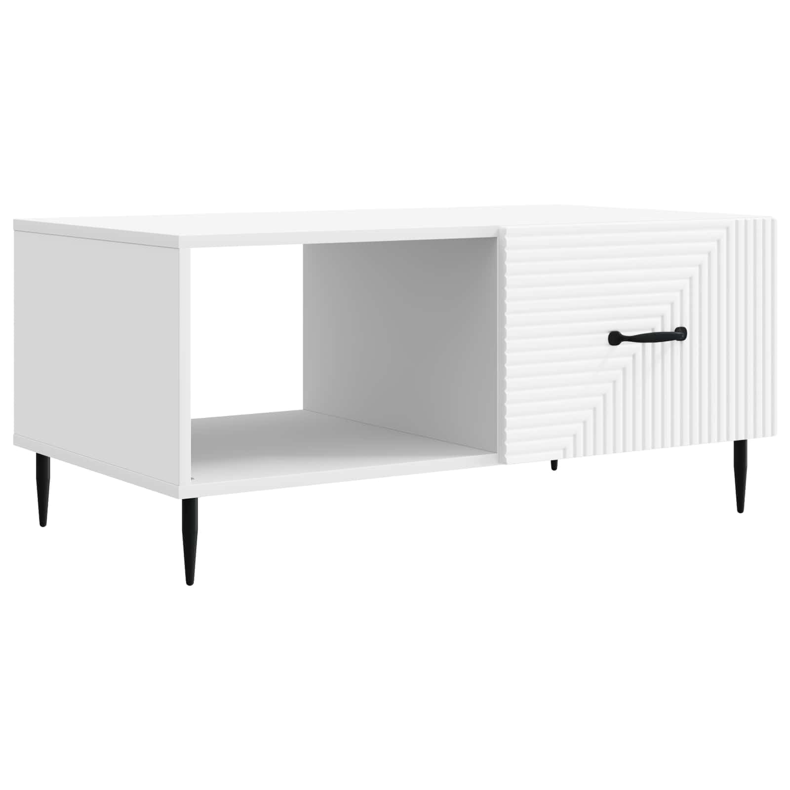 Hothingwell Biały stolik kawowy 90 x 50 x 40 cm Drewno inżynierskie | Stożkowe metalowe nóżki, zintegrowane przechowywanie, styl industrialny vintage, łatwe do czyszczenia