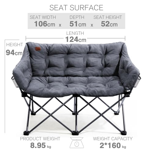 Ever Advanced Camping Chair Double For Adults 6Cm Padded 320Kg Folding 2 Seater Sofa With Side Pocket Dining Garden Outdoor Heavy Duty Luxury Fishing Chair Portable Oversized Comfy Lightgrey - 3
