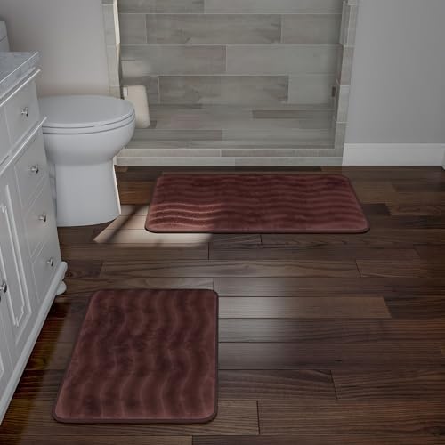Lavish Home Bathroom Rug Set- 2-Piece Memory Foam Bath Mats-Wavy Microfiber Top-Non-Slip Absorbent Runner for Shower, Tub, Sink, or Kitchen (Chocolate)