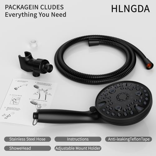 High Pressure Rain Handheld Shower Head Set,Anti-clog Nozzles with Handheld Spray Combo,Fixed Showerhead 6-Mode,59 Inch Hose Bracket Teflon Tape Rubber Washers,Matte Black(MLJ-SC001SGN-2YHS) by HLNGDA - Used condition - Image 8