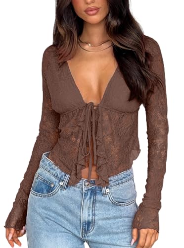 AGECODE Womens Sexy Open Front Tie Long Sleeve Ruffle Trim Sheer Mesh Lace Crop Tops Blouses Brown Small