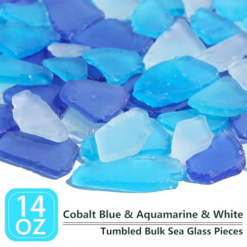 Sea Glass for Crafts - 14oz Frosted Seaglass Pieces - Vase Filler and Aquarium Ornament, DIY Craft Supplies for Art, Beach Weddings, and Home Decor (Cobalt Blue, Aquamarine, White)