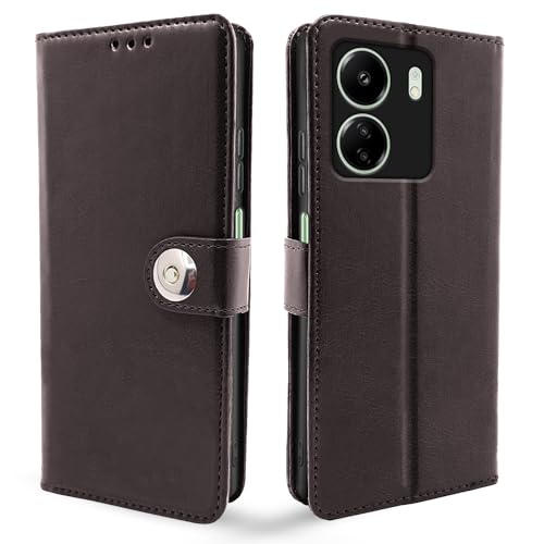 Image of Pikkme Redmi 13C 4G | Poco C65 Flip Cover Leather Finish | Inside TPU with Card Pockets | Wallet Stand and Shock Proof | Complete Protection Button Flip Case (Coffee)