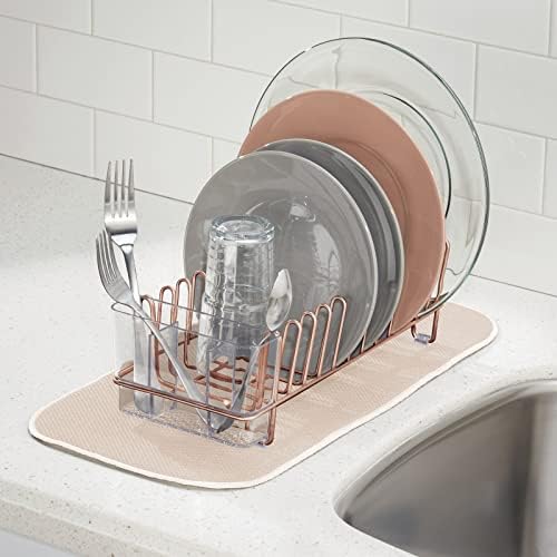 mDesign Kitchen Sink Dish Drainer  Small Metal and Plastic Dish Rack for Kitchen Sink  Dish Drying Rack for Plates and Cutlery Basket  Copper/Clear