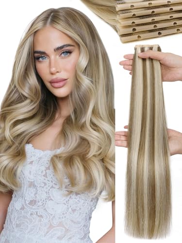 WIGNEE Double Hand Tied OVO Weft Hair Extensions Human Hair 100% Real Remy Hair Beaded Weft Hair Extensions Human Hair Glueless 18 Inch Blonde Ombre Wefts(9A60)