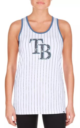 Tampa Bay Devil Rays Women's White Game Day Pinstripe Sequins Tank Top - MLB Ladies Sleeveless Shirt (Large)