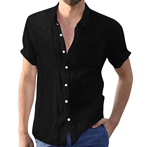 Camisa de verano para hombre Slim FitLeinen Playa, camisa de ocio con botones, camisa de lino medieval de algodón, Negro , XXL