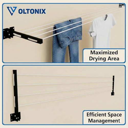 Image of Metal Foldable Wall Mount Cloth Drying Stand with 30 Feet Rope, Space Saving, Wall Mounted, for Balcony and Indoor Use (Black)