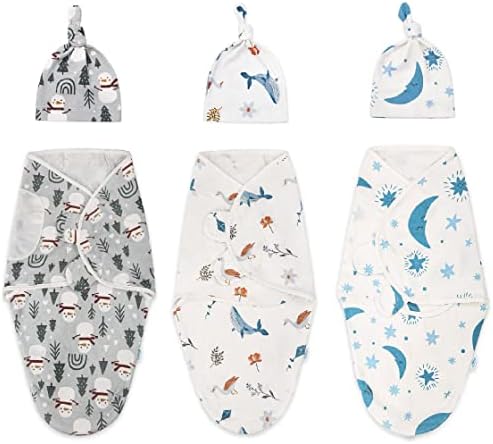 Pack of 3 Swaddle Wrap with Caps for Newborn Babies by Takasara - 100% Organic Cotton Swaddle Blanket 0-3 Months - Baby Essentials for Newborn Girls & Boys
