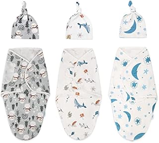 Pack of 3 Swaddle Wrap with Caps for Newborn Babies by Takasara - 100% Organic Cotton Swaddle Blanket 0-3 Months - Baby Essentials for Newborn Girls & Boys