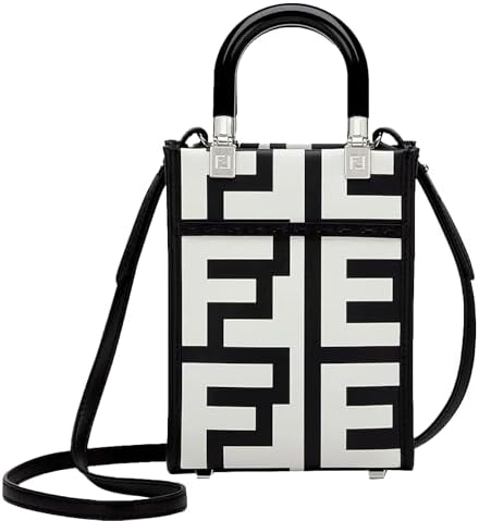 FENDI FF Mini Bag Shopper Tote Crossbody Bag Leather Black and Wh...