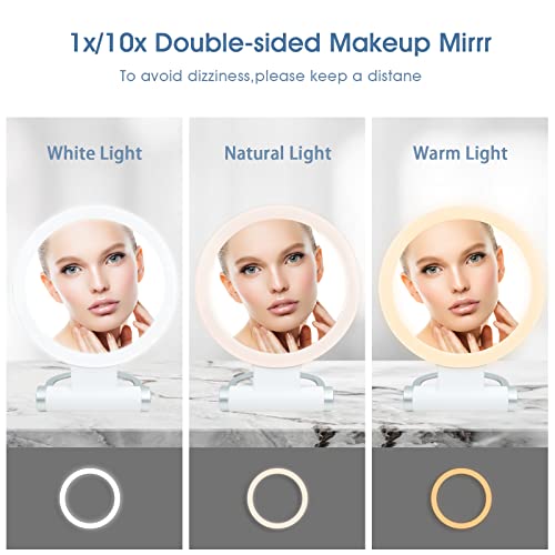 Varsoul Led Foldable Travel Makeup Magnifying Mirror - 7 Inches 3 Colors Light Modes Usb Rechargeable Touch Screen, Portable Tabletop Cosmetic Mirror For Travel, Cosmetic, Office (White) #TOP3