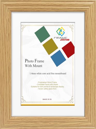 FRAME EAZY Oak 9x7 Photo Frame with 7x5 White Mount - Antique Style Picture Frame With Safe Perspex Front - Frame 9" x 7" For Picture Size 7" x 5"
