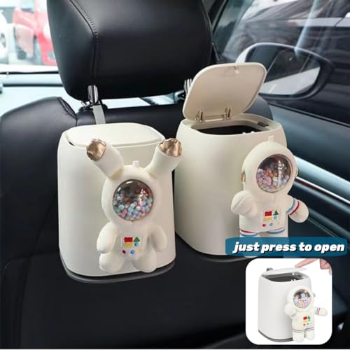 Image of Car Can Garbage Bin Cute Cartoon Style Hanging Car Flip Lid Trash Can Detachable Leak-Proof ABS Material Spaceman Duck Smile Cloud (Fuzzy Rabbit)