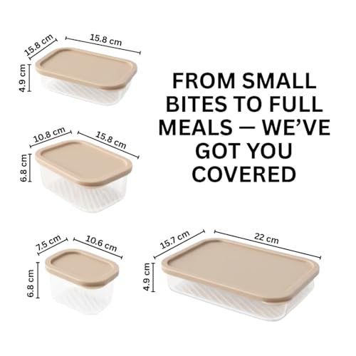 Image of Femora Borosilicate Glass Food Storage Containers with Lids Set of 7 (310ml x2, 520ml x2, 750ml, 1200ml, 1700ml) | Rectangular, Airtight & Leakproof | Microwave & Dishwasher Safe | Beige