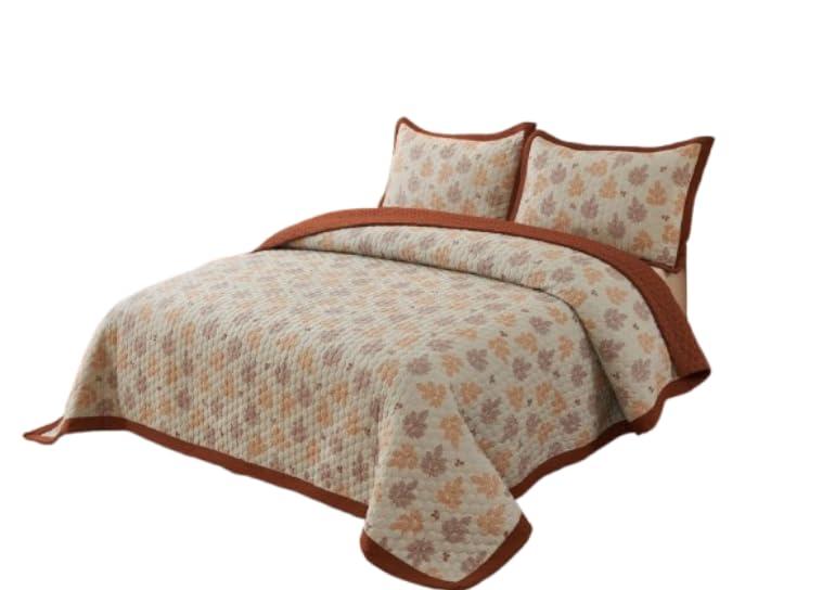 Quilted Bedspread Set with Autumn Leaf Print, Beige and Brown, 3-Piece with Pillow Shams-image-2