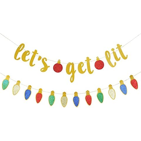 Gold Glitter Lets Get Lit Banner Grinchmas Christmas Banner Let's Get Lit Garland Christmas Holiday Banner for Ugly Christmas Sweater Party Decorations, Merry Friendsmas Christmas Party Decorations Cover