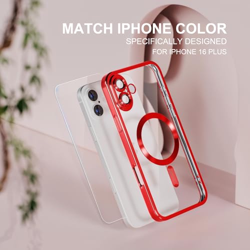 Image of Misea Magnetic for iPhone 16 Plus Case Compatible with MagSafe Red | [Never Yellowing] [Military Drop Protection] Full Camera Lens Protector Plating Soft Clear Phone Case for Women, Red
