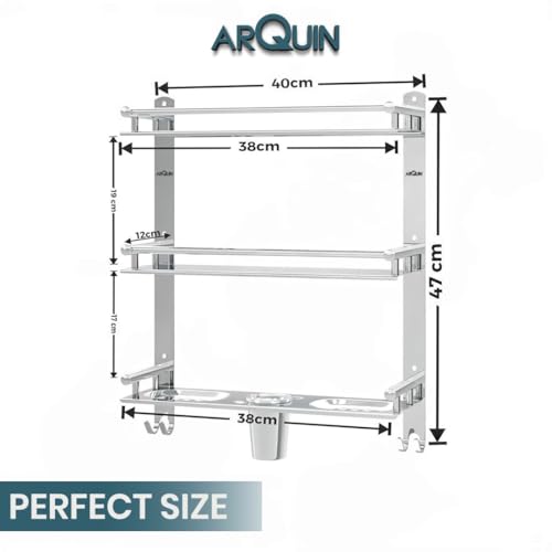 Image of ARQUIN Bathroom 3 Layer Shelf | Bathroom Accessories Set | Bathroom Storage Organiser Multipurpose Stainless Steel 3 Tier Shelf with Double Soap Dish & Toothbrush Tumbler Holder