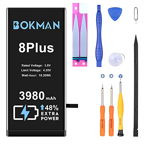 bokman Batterie Interne pour iPhone 8 Plus 3980mAh, Batterie Polymère Li-ION Haute Capacité avec Trousse à Outils et Bandes Adhésives