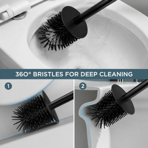 Image of FORIOUS Stainless Steel Toilet Bowl Brush Scrubber and Holder Set Short | Black, Extended Handle, Removable Inner Bowl, Stable Splash Guard, Steel Joint, Scratch‑Resistant Bristles, for Bathroom RV