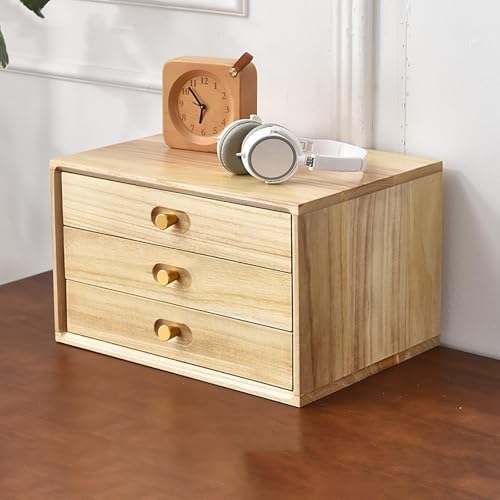 Multi-Functional Solid Wood Desktop Storage Cabinet, 3-Layer Drawer File Organizer, Sturdy & Durable, Ideal for Office/Study Organization (Wood Color)