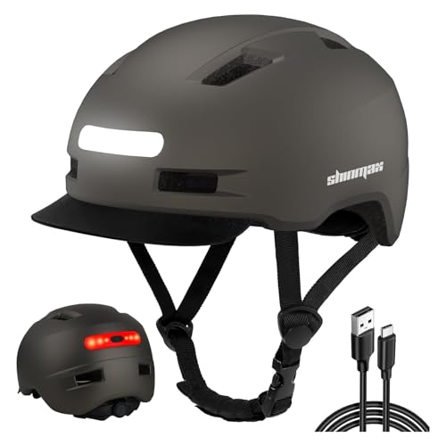 Shinmax Casco de bicicleta para hombre y mujer, 5 modos de luz y visera, recargable por USB, casco de bicicleta para hombre para viajeros urbanos (titanio, M (55-58 cm)